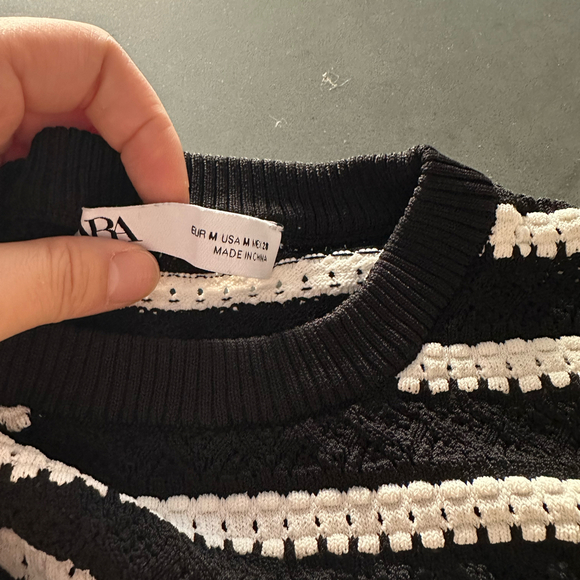 Black and White Two-Tone Striped Crochet Pullover with Ruffle Details - Picture 8 of 9